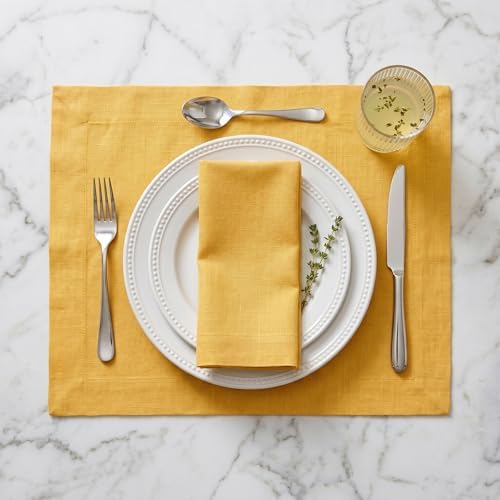 Solino Home 100% Linen Placemats Mustard Yellow, Fete 14 x 19 in, Set of 4