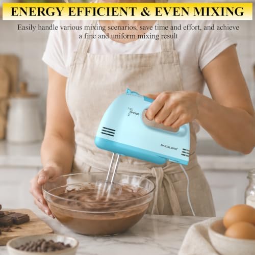 BAIGELONG Hand Mixer. 7-Speed Adjustable Kitchen Electric Mixer. With 5 Stainless Steel Attachments: 2 Hooks, 2 Beaters, 1 Whisk. Comes 1 Storage Box. Perfect for Bakers and New Starters, Blue