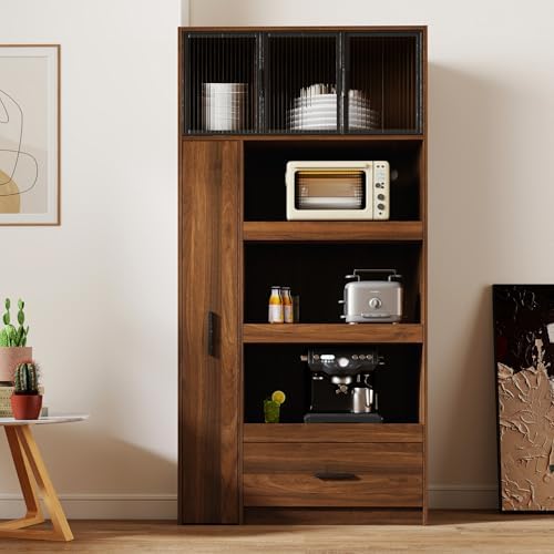 Jmyab 70.87" Tall Kitchen Pantry Cabinet, Storage Cabinet with Multi Shelves and Drawers, Tall Kitchen Pantry with Microwave Stand for Living Dining Room, Walnut