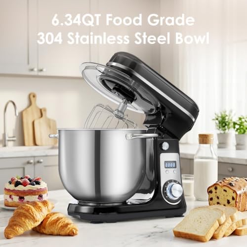 Electric Stand Mixer, 6.34QT 6-Speed Food Mixer with Timer