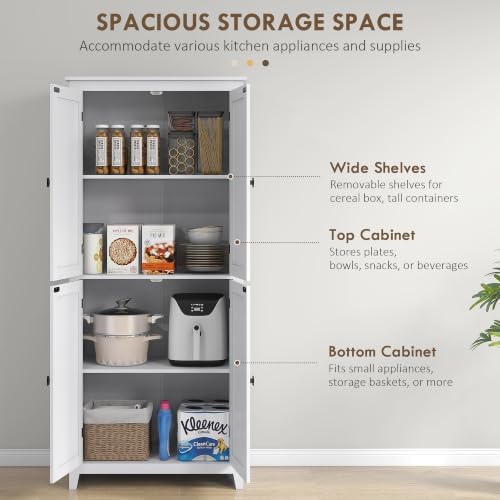 HOMCOM 72" Freestanding Kitchen Pantry Cabinet, Farmhouse 4-Door White