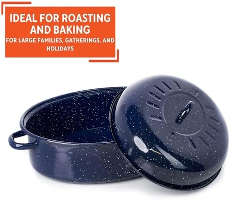 IMUSA USA 18" Traditional Vintage Style Blue Speckled Enamel on Steel Covered Oval Roaster