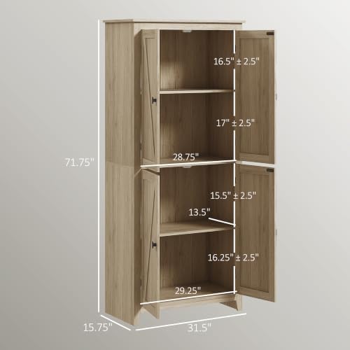 HOMCOM 72" Freestanding Kitchen Pantry Cabinet, Farmhouse 4-Door Natural