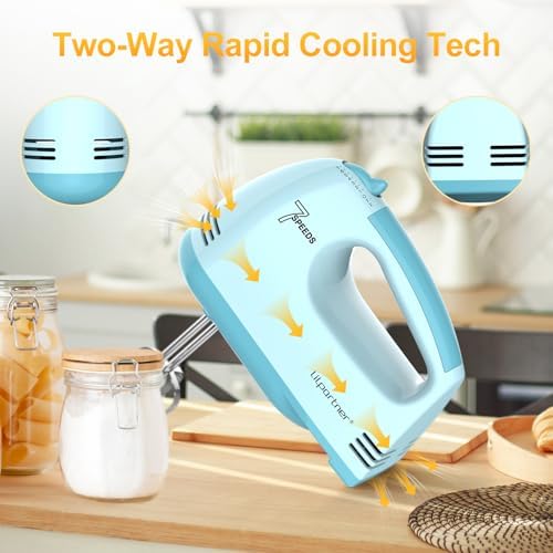 LILPARTNER Electric Hand Mixer with Storage Box, Ultra Power Kitchen Hand Mixer With 7-Speed & 5 Stainless Steel Accessories for Whipping Dough, Cream, Cake, Dishwasher Safe, LIGHT BLUE BOX