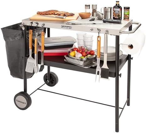 Cuisinart Outdoor BBQ Prep Cart, Stainless Steel Portable Grill Table with Wheels, Grill Cart with Adjustable Storage Shelf, Tool Hooks, Trash Bag & Paper Towel Holder