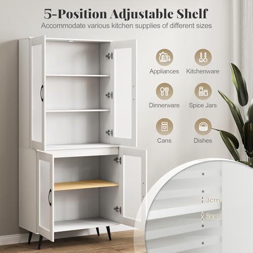 GIANTEX Kitchen Pantry Storage Cabinet, 70.5" Cupboard with 4 Transparent Doors, Adjustable Shelf & Metal Legs, Freestanding Tall Hutch Cabinet for Dining Room, Living Room, Office & Bathroom, White
