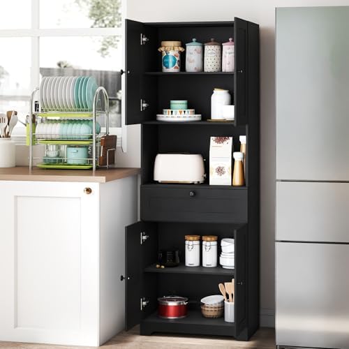 GIANTEX Kitchen Pantry Cabinet, 67.5" Tall Floor Storage Cabinet w/4 Doors & 1 Drawer, Modern Freestanding Bathroom Organizer w/Open Countertop & Adjustable Shelf for Dining Room, Living Room (Black)
