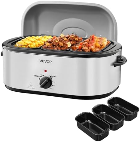 VEVOR Roaster Oven, 24QT Electric Turkey Roaster Oven, 150-450℉ Adjustable Temperature Electric Roasting Pan with 3 Bin Buffet Server, Self-Basting Lid, Defrost & Warm Function, Self-Basting Lid