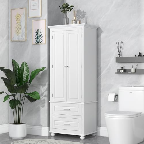 Merax 62.5" Pantry Cabinet with Two Doors & Two Drawers, Adjustable Shelves Storage Cupboard for Kitchen/Dining Room/Bathroom, White