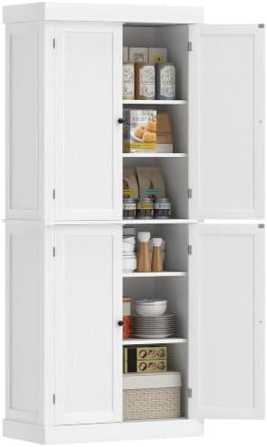 HOMCOM 72.5" Tall Kitchen Pantry Cabinet 4 Doors Modern White Wood Grain