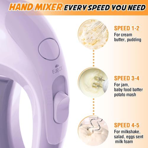 Showvigor Electric Hand Mixer with 5 Stainless Steel Whisks,5 Speed,Violet