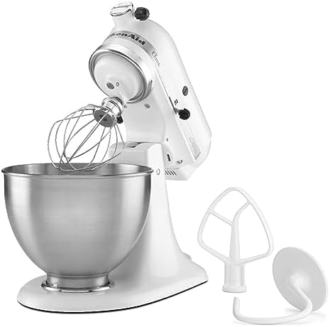 KitchenAid Classic Series 4.5 Quart Tilt-Head Stand Mixer K45SS, White & KFE5TS Flex Edge Beater, 4.5-5 Qt, Subtle Silver