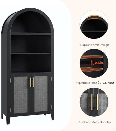 Arched Kitchen Pantry Cabinet with Doors, 5-Tier Open Display Shelf, Black