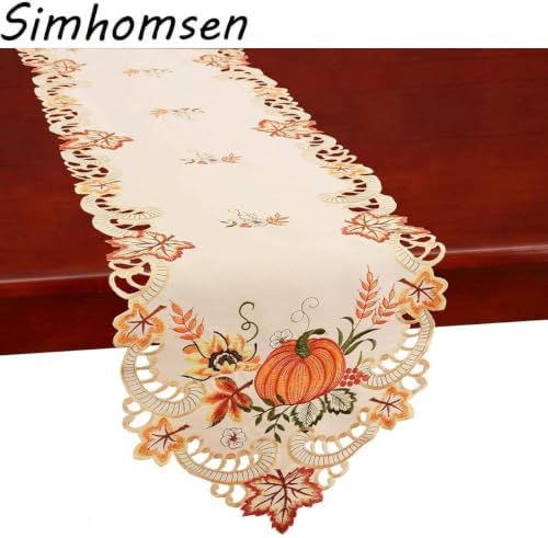 Simhomsen Thanksgiving Harvest Pumpkins Table Runners for Autumn Or Fall Decorations, Embroidery (14 × 90 Inches)