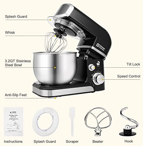 Kitchen in the box Stand Mixer,3.2Qt Small Electric Food Mixer,6 Speeds Portable Lightweight Kitchen Mixer for Daily Use with Egg Whisk,Dough Hook,Flat Beater (Black)
