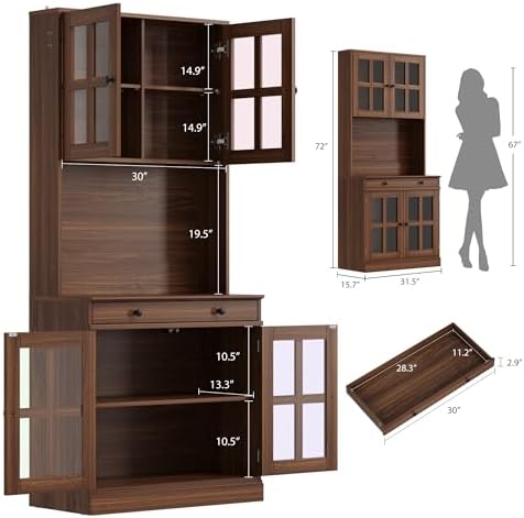 Garvee 72 Inch Kitchen Pantry Cabinet with Glass Doors, Drawer and Adjustable Shelves, Farmhouse Tall Storage Cabinet with Open Countertop, Coffee Bar Cabinet for Coffee Corner, Walnut