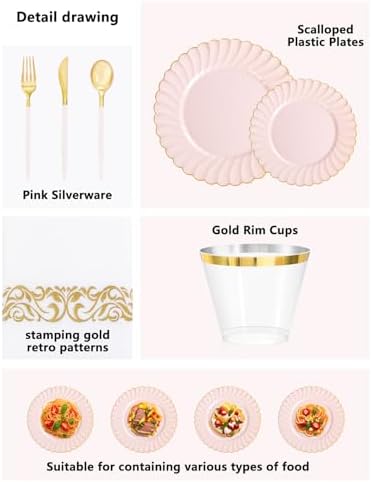 Ciaell 175 Piece Pink and Gold Plastic Plates for Weddings Parties