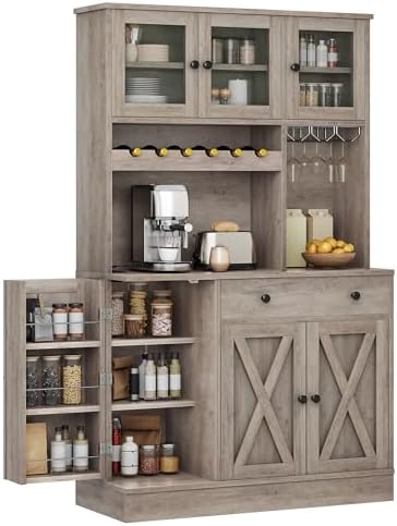 DWVO 71''H Pantry Cabinet with Drawer, Doors, Goblet Holder, Wine Rack for Storage, Pantry Cabinet with Power Outlet for Kitchen & Living Room (Grey Oak)