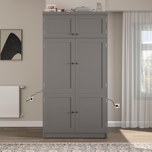 Merax 80" Tall Kitchen Pantry Cabinet with 2 Power Outlets, 41" W Modern Large Freestanding Cupboard with Microwave Stand, Drawers, Adjustable Shelves, Wine Racks & Door-Shelf for Dinner Room, Grey
