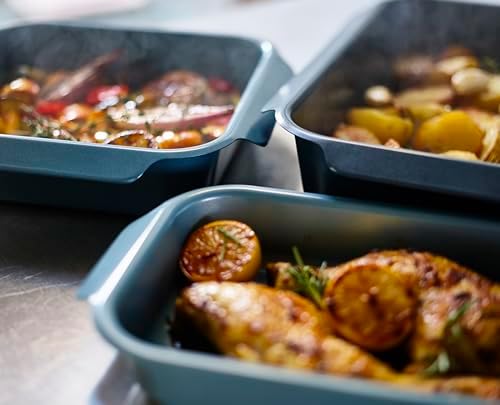 Joseph Joseph Nest Bakeware and Roasting Pan, Carbon Steel Baking Pan with Non-Stick Coating, Easy-Pull Handles, Organized Kitchen Storage, Large, Blue