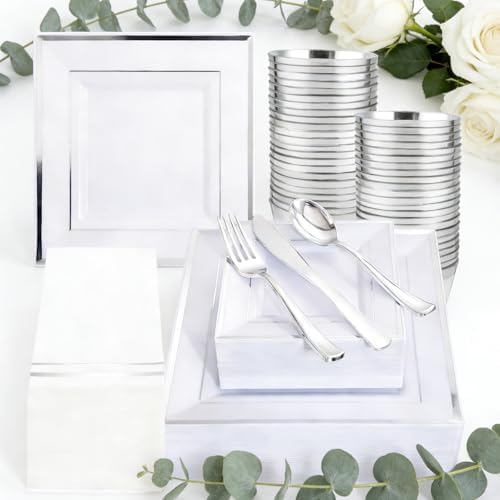 Festiva 350Pcs Silver Plates - Silver Square Plastic Plates 9 .5" and 6" - serve for 50 guests include 50 Cups 50Plastic Cutlery 50Hand Napkins Perfect for Party&Wedding&Birthday