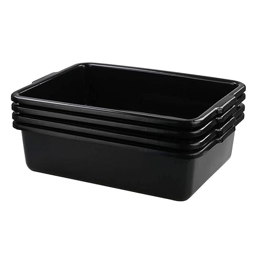 4-Pack Plastic Storage Bin, Bus Utility Tub, Heavy Duty Commercial Dishwashing Box for Restaurant Kitchen Organization and Storage, 24L, Black