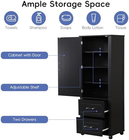 Merax 61.4" Pantry Cabinet with One Door & Two Drawers, Adjustable Shelves Storage Cupboard for Kitchen/Dining Room/Bathroom, Soild Wood Legs, Black
