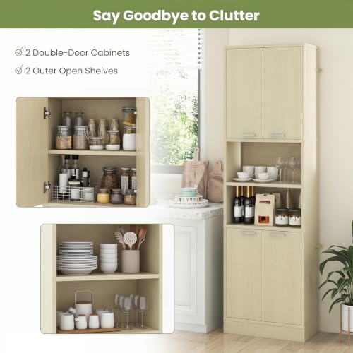 GIANTEX Kitchen Pantry Cabinet, 75'' Tall Freestanding Cupboard with Doors & Shelves, Safety Hinges & Anti-Tipping Devices, Storage Sideboard for Dining Room, Living Room (Light Oak)