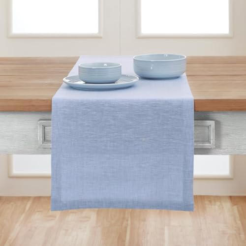 Solino Home 100% Pure Linen Table Runner Chambray Blue, Athena 14 x 156 in
