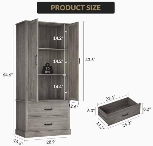 65" Tall Kitchen Pantry Cabinet with Barn Doors, Drawers & Adjustable Shelf, Farmhouse Storage Cabinet with Doors and Shelves for Kitchen Pantry Storage Cabinet, Dining Room, Laundry & Entryway, Grey