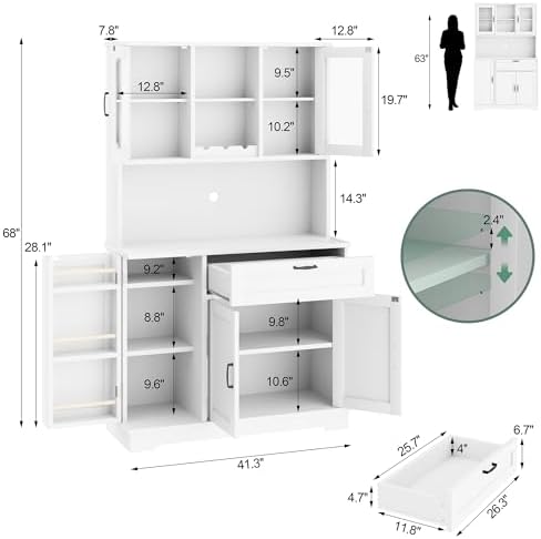 Shintenchi 68" Kitchen Pantry Storage Cabinet, with Microwave Stand, White