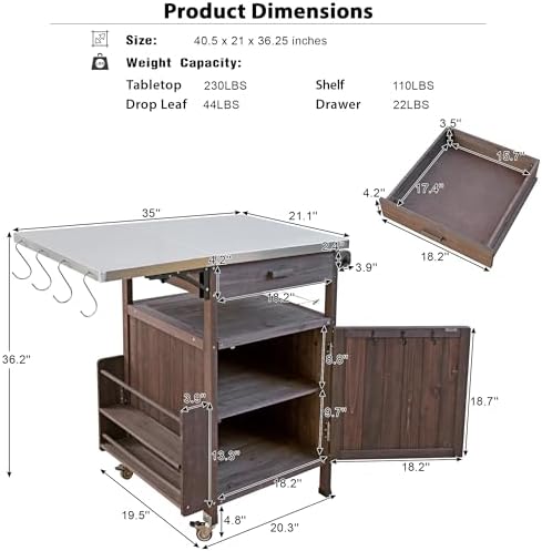 Outdoor Grill Cart with Stainless Steel Top, Solid Wood Prep Table