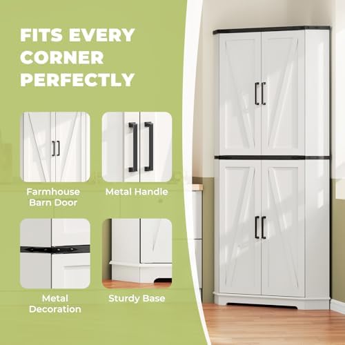 Dripex Tall Kitchen Pantry Cabinet with LED Light, 71" Corner Pantry White