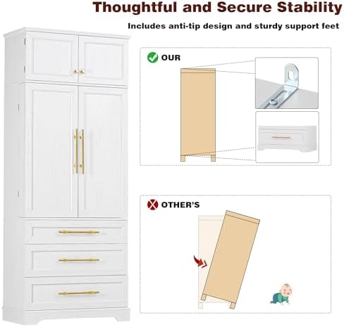 Ball & Cast 78" Tall Farmhouse Kitchen Pantry Cabinet,Freestanding Storage Cabinet with 8 Door Shelves, 3 Adjustable Shelves & 3 Large Drawers, Kitchen Pantry Cupboard for Dining Room, Bathroom, White