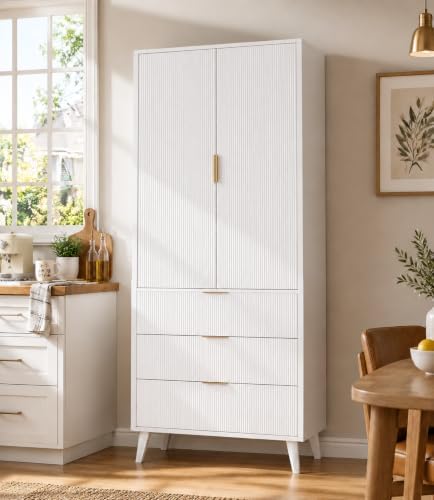 NicBex Kitchen Pantry Cabinet with 3 Drawers & Adjustable Shelves, White