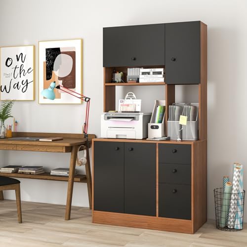 LOKO 71” Tall Kitchen Pantry Storage Cabinet with 3 Drawer, Walnut & Black