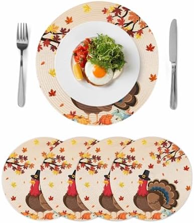 Fall Round Placemats Set of 4 Thanksgiving Harvest Pumpkin Turkey Place Mats Washable Woven Placemat Orange Maple Leaves Circle Braided Table Mat for Kitchen Dining Holiday Party Fall Decor 15 Inch