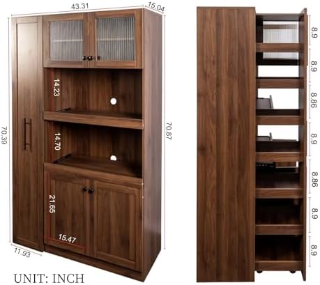 KEIKI 70.87" Tall Kitchen Pantry Storage Cabinet with Pull-Out Multi-Tier Shelf, Countertop, Glass Doors, Microwave Stand, Freestanding Wood Hutch Food Pantries Cupboard for Coffee Bar, Dining Room