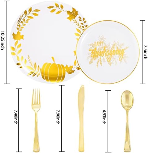Ciaell 125PCS Thanksgiving Plastic Plates - Fall Pumpkin Disposable Plates White and Gold Heavy Duty Dinnerware Set include 25Dinner Plate, 25Desset Plate, 25Knives, 25Forks, 25Spoons for Thanksgiving