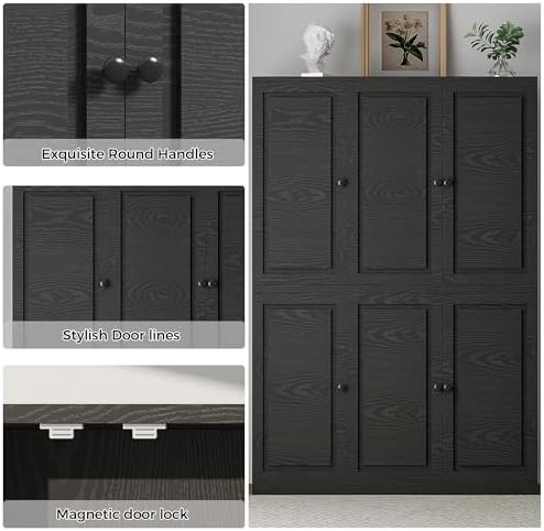 IRONCK Kitchen Pantry Storage Cabinet 47.2" W x 69" H, 6 Doors Large Storage Modern Food Pantries with 8 Shelves and Door Rack, Cupboard for Living Room Dining Room, Black