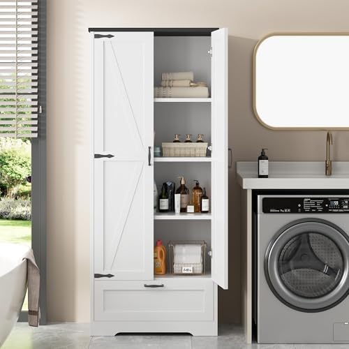 Shintenchi 65" Kitchen Pantry Cabinet, Farmhouse Tall Cupboard, White