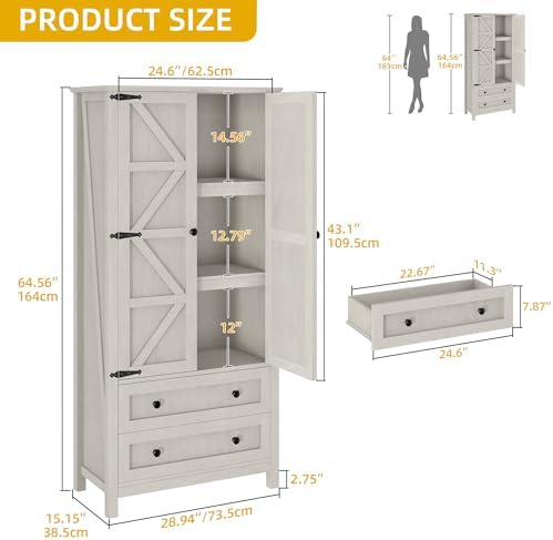 DWVO 64.5" Pantry Cabinet with Barn Doors, 2 Drawers & Shelves, Off White