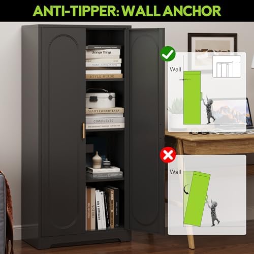 UNICOLY 60" Kitchen Pantry Cabinet, Metal Storage Cabinet with Doors and Adjustable Shelves, Tall Steel Cabinets for Kitchen, Living Room, Dining Room, Assembly Required, Black