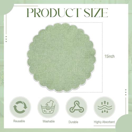 Set of 24 Sage Green Cotton Placemats 15" Round Scalloped White