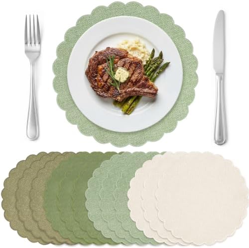 Set of 12 Green Cotton Placemats 15" Round Scalloped