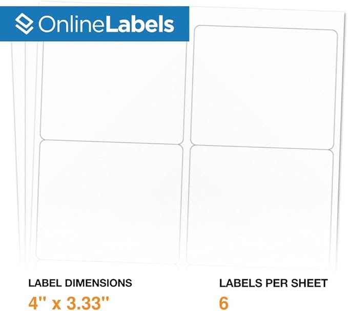 OnlineLabels 4" x 3.33" Shipping Labels – Permanent Adhesive, White Matte – for Product, Inventory, & Pallet Labeling – for Inkjet & Laser Printers – Pack of 600 Labels, 100 Sheets OL150WX