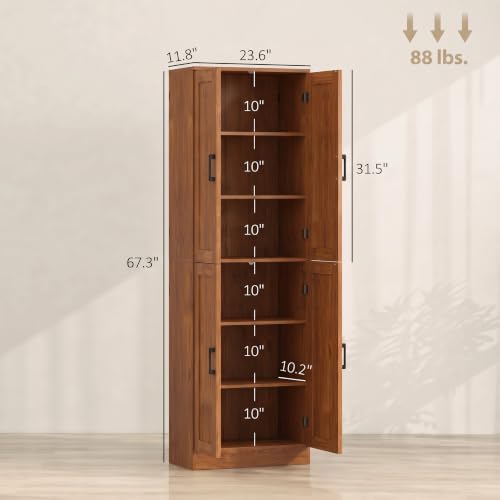 HOMCOM 67" Freestanding Kitchen Pantry 4-Door Cabinet Distressed Teak