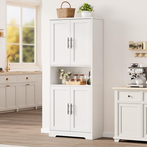 70" Kitchen Pantry Storage Cabinet, Freestanding Buffet Cabinet with Microwave Stand & 4 Door Shelves, Kitchen Hutch with Doors, Adjustable Shelves and Wine Rack,White.
