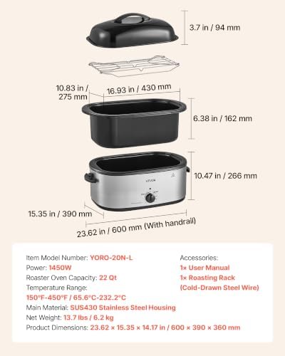 VEVOR Electric Roaster Oven, 22 Qt 1450W, Turkey Roasting Pan, Metal Lid