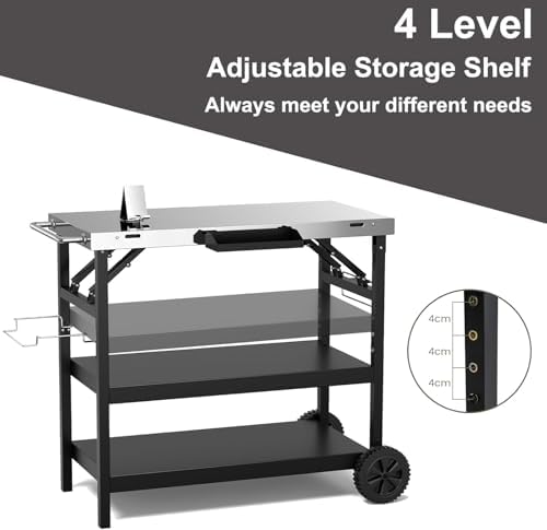 ERGOMASTER Grill Table Cart, Outdoor Kitchen Island with 4-Position Adjustable Shelf, Stainless Steel Serving Cart for Patio Garden